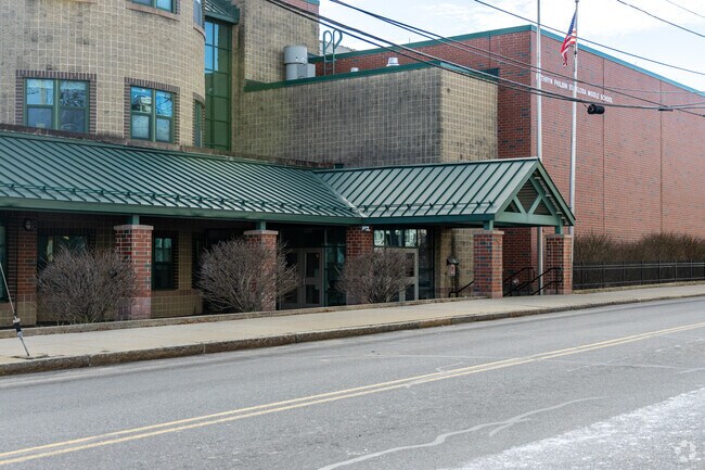 The entrance to the Kathryn P. Stoklosa Middle School in Lowell, MA.