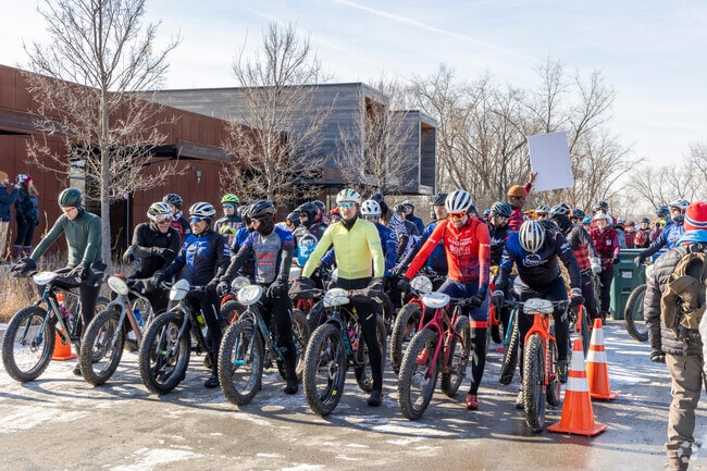 Southside riders are all lined up ready to start the fat tire bike race at Big Marsh Park.