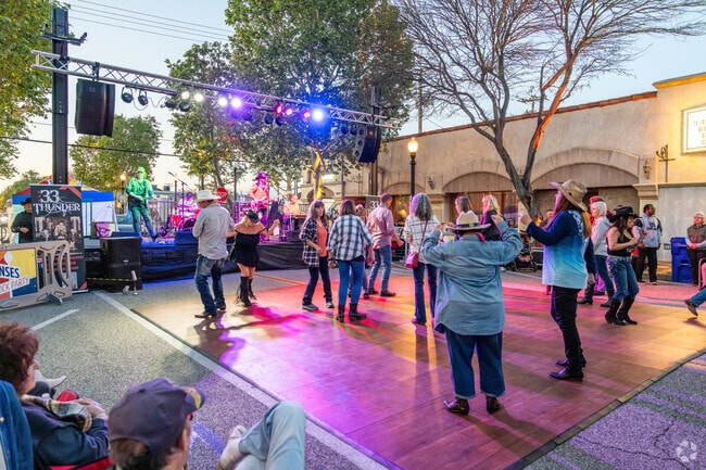 Guests on the dance floor under the lights at the Senses Block Party in Newhall.