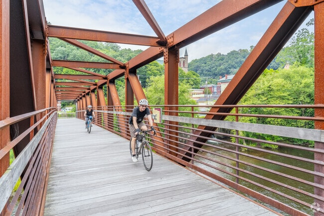 Bikers can explore miles of wooded trails throughout Jim Thorpe’s natural landscape.