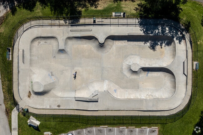 An aerial view of the skatepark at Loren Farr Park.