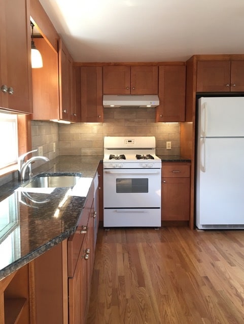 Kitchen granite counters. Bright
