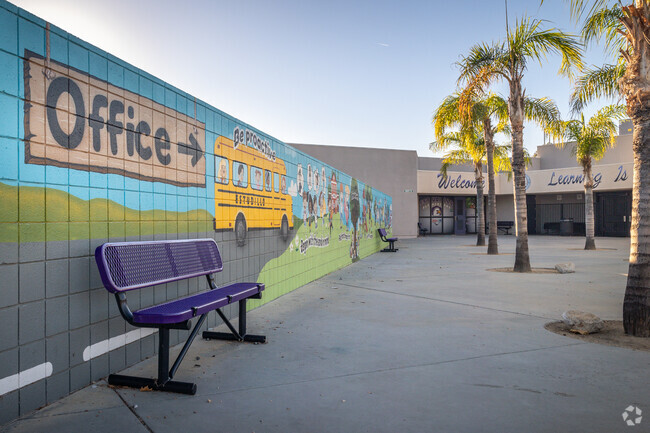 Benches for parents and students are seen in front of Estudillo Elementary School in San Jacinto