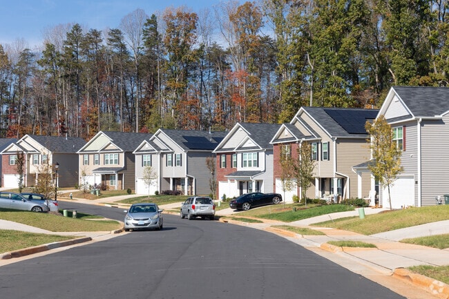 Houses surrounded by large trees and a well-kept garden in Reedy Fork Ranch