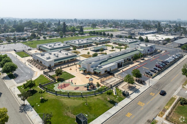 The George Brown Jr. Elementary offers a sprawling campus when viewed from above.