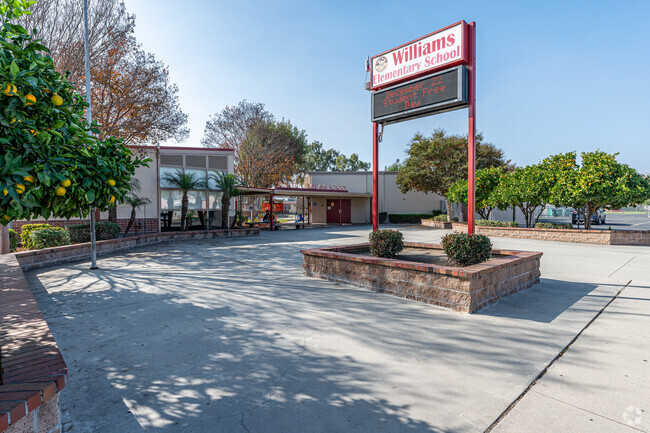 The sign and front entrance to Williams Elementary School in Downey