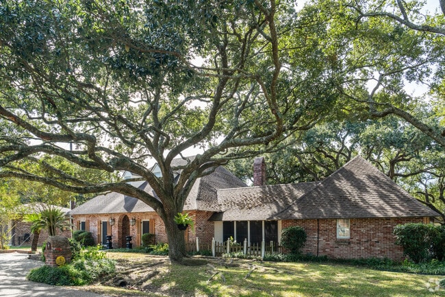 A larger traditional home in Mimosa Place is shaded by a mature live oak tree.