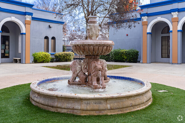 A water fountain at the entrance was dedicated by the class of 2000 of Exeter Union High School.