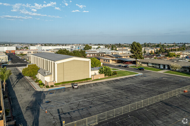 A bird's eye view of the parking lot at the rear of St. Linus Elementary School in Norwalk.