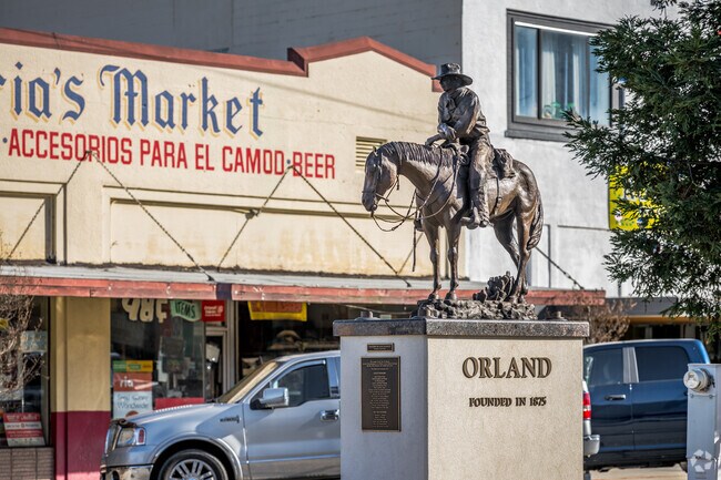 Pioneers who founded Orland in 1875 are honored by a monument in the middle of town.
