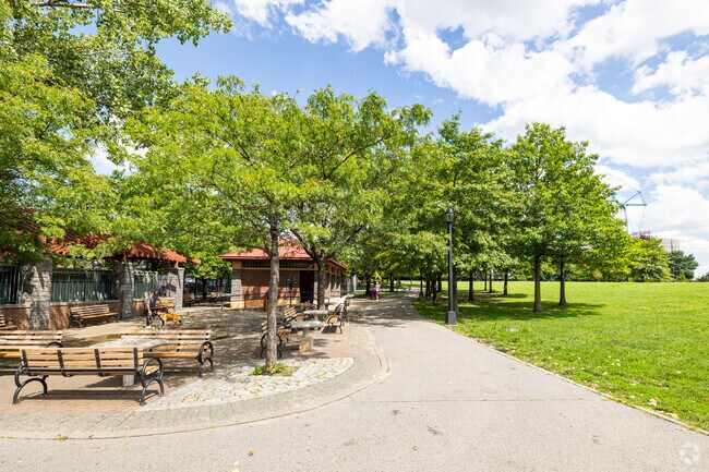 Barretto Point Park offers green space and picnic areas by the water.