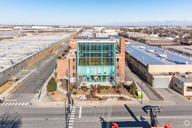 An aerial view of Acero- Major Hector P. Garcia M.D. High School and its surroundings.