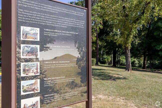 Ocmulgee Mounds National Historic Park includes many significant historic archaeological sites.