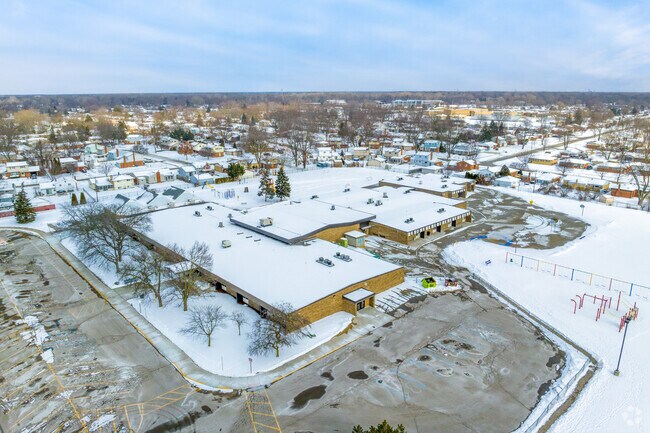 Aerial view of Plumbrook Elementary School.