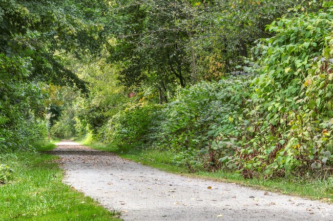 Westmoreland Heritage Trail is shaded by trees and small shrubs.