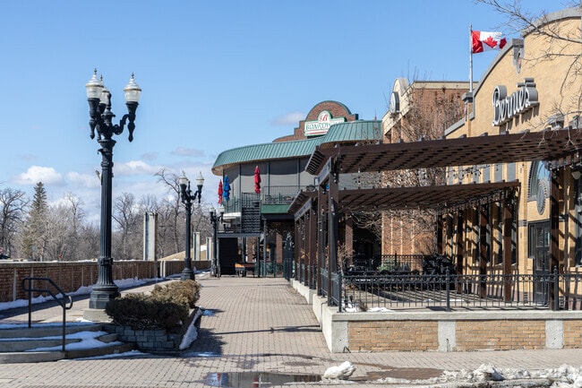 The riverfront area of East Grand Forks is lined with restaurants like Bernies and Blue Moose.
