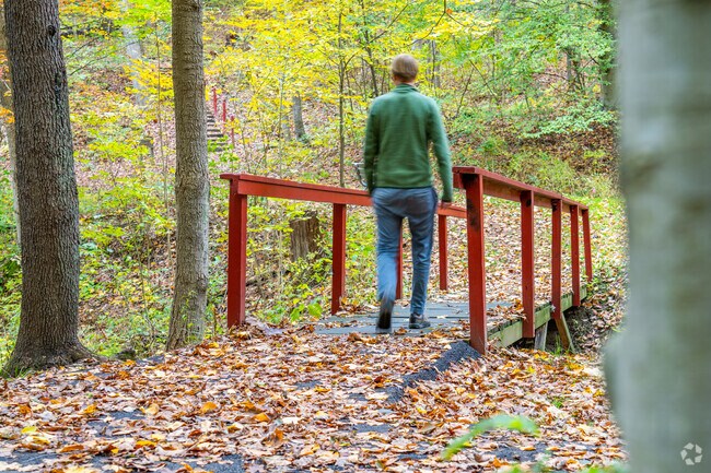 Go for a walk on the wooded trails in Patterson Township Community Park.