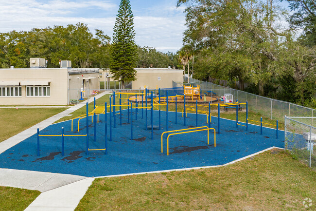 Kids enjoy outdoor play on the speacialty exercise equipment at Carrollwood Elementary School.