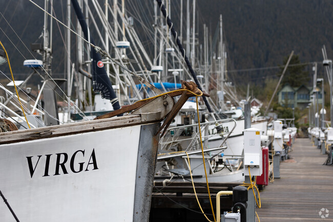 Fishing vessels line the busy docks at Sitka Harbor, ready for the day's early catch.