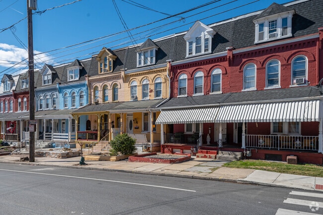Historic row homes with colorful facades line streets in Southside Lancaster.
