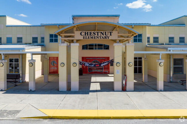 Chestnut Elementary School in Poinciana has a front entrance with their school mascot.