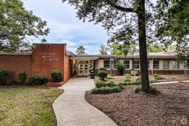 The entrance to the Calvin Wiley Elementary School is well shaded.