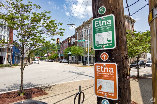 There are urban walking trail signs throughout Etna to guide you where to go.
