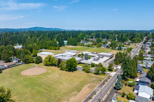An overview of Linwood Elementary School, which sits in a quiet residential area in Linwood.