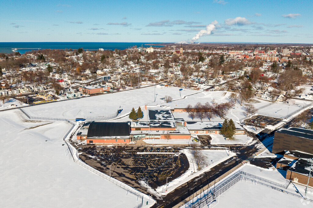 Leighton Elementary School in Oswego can be seen with Lake Ontario in the background.