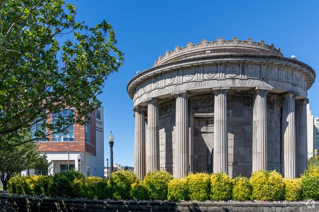 The towering monuments in O'Donnell Memorial Park mark the entrance to Lower Chelsea.
