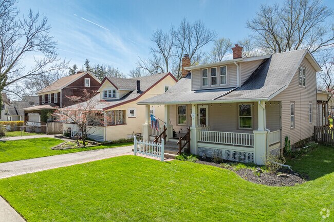 Bungalows in Bedford often have covered front porches that are adorned with wooden spindles.