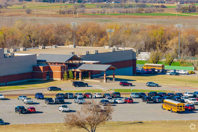Sunny aerial view reveals the Chickasha High School