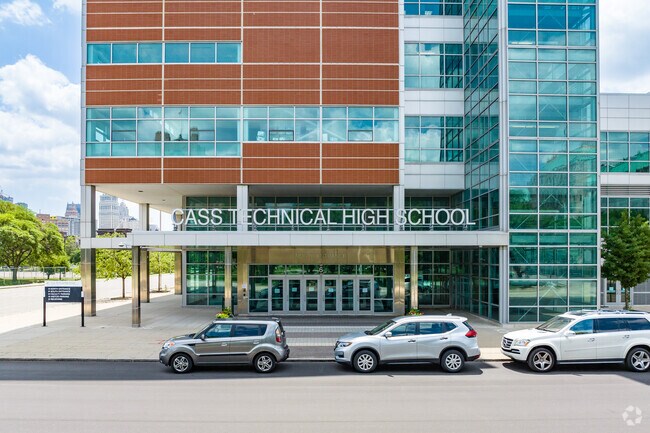 South entrance to Cass Technical High School with a 97 percent graduation rate.