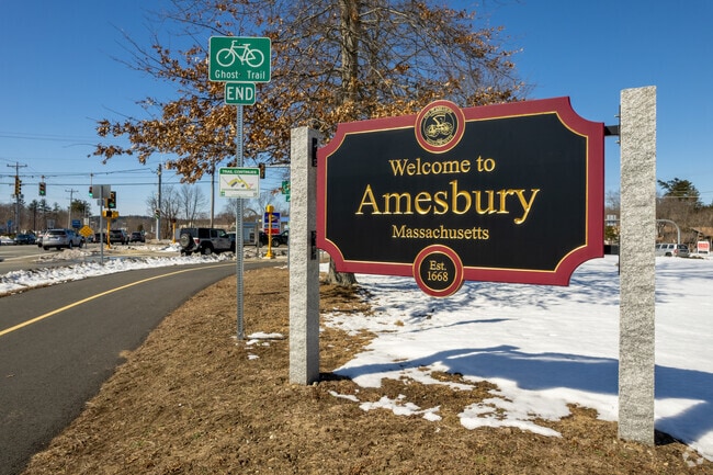 Welcome to Amesbury sign greets visitors as the. enter the town.
