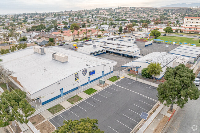 Aerial view of the gym and campus at Fremont Elementary School in Montebello