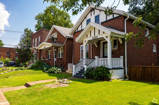 Homes in Bevo Mill sit tightly together on small yards.