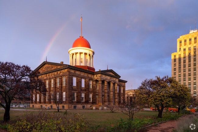 A double rainbow shines above the Old State Capitol Historic Site.
