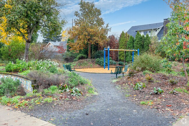A path runs through Mallory Park on NE Killingsworth St in Portland.