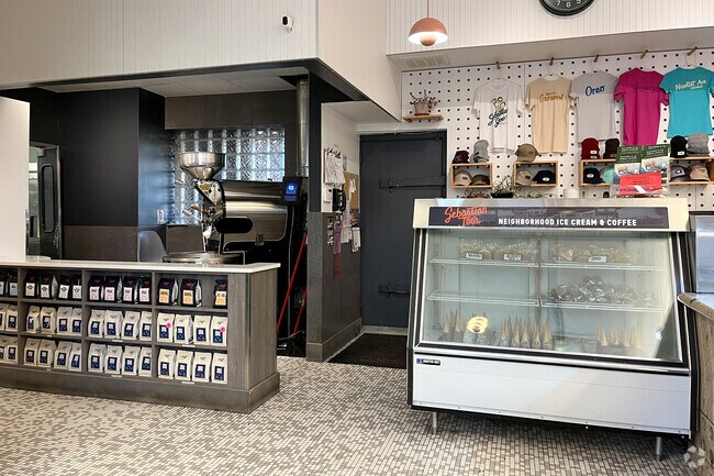 Sebastian's joe interior with custom merch that customers can buy.