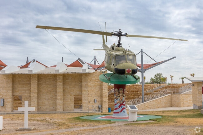 The helicopter at Maverick County Park war memorial honors Vietnam War veterans.