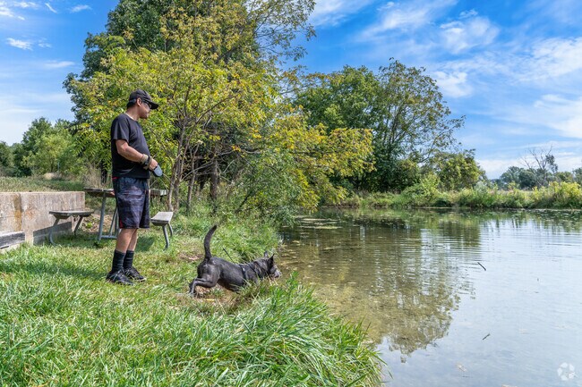 A Hickory Oaks resident plays fetch with his dog at Du Page River Park.