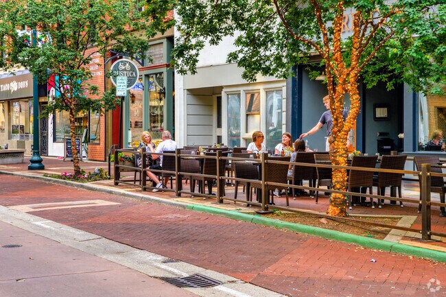 Retail stores and restaurants with outdoor seating are plentiful near Stuart's Kalamazoo