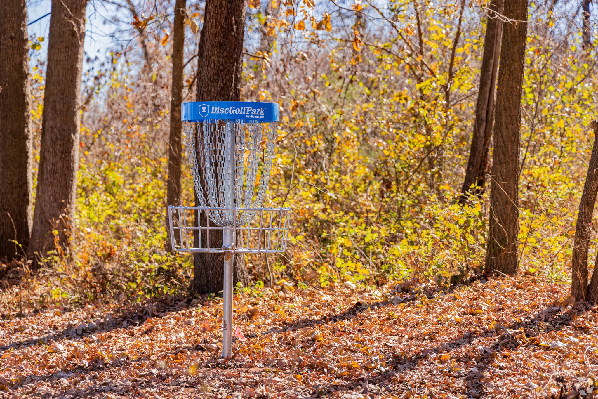 Close up shot of a disc golf basket in Luther Route 66 Discgolf Park.