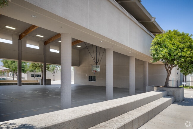 Basketball pavilion for covered outdoor games seen at Bell Mountain Middle School in Menifee.