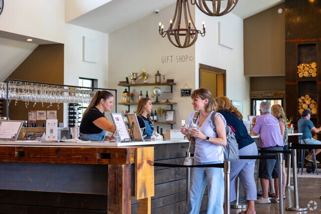 Brys Estate’s chandeliers and acoustic panels add charm to its Traverse City tasting room.