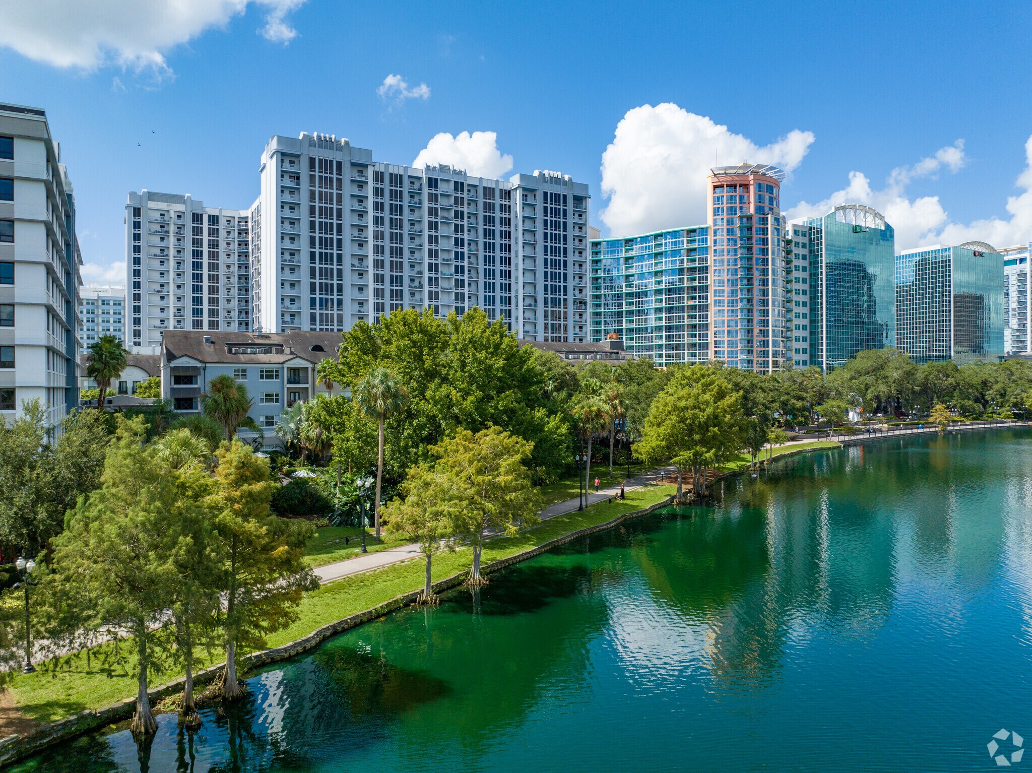 Large condo buildings line the edges of Lake Eola in the Central Business District.