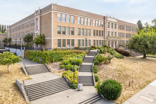 The Front of Roosevelt High School in the Roosevelt Neighborhood in Seattle.