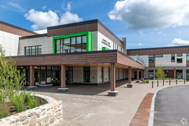 The colonnade at Blanche A. Ames Elementary School in North Easton is sheltering and impressive.