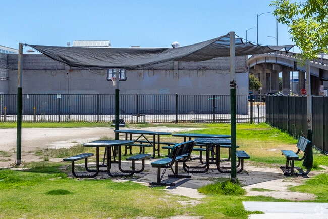 There is an outside covered seating area at Kepler Neighborhood School in Fresno.