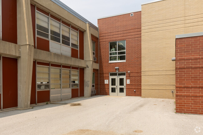 Dunne Technology Academy side entrance, mythbusters in the window, Chicago, IL.